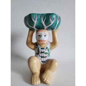 Chinoiserie Style Porcelain Monkey Holding Bowl – Hand Painted Figurine